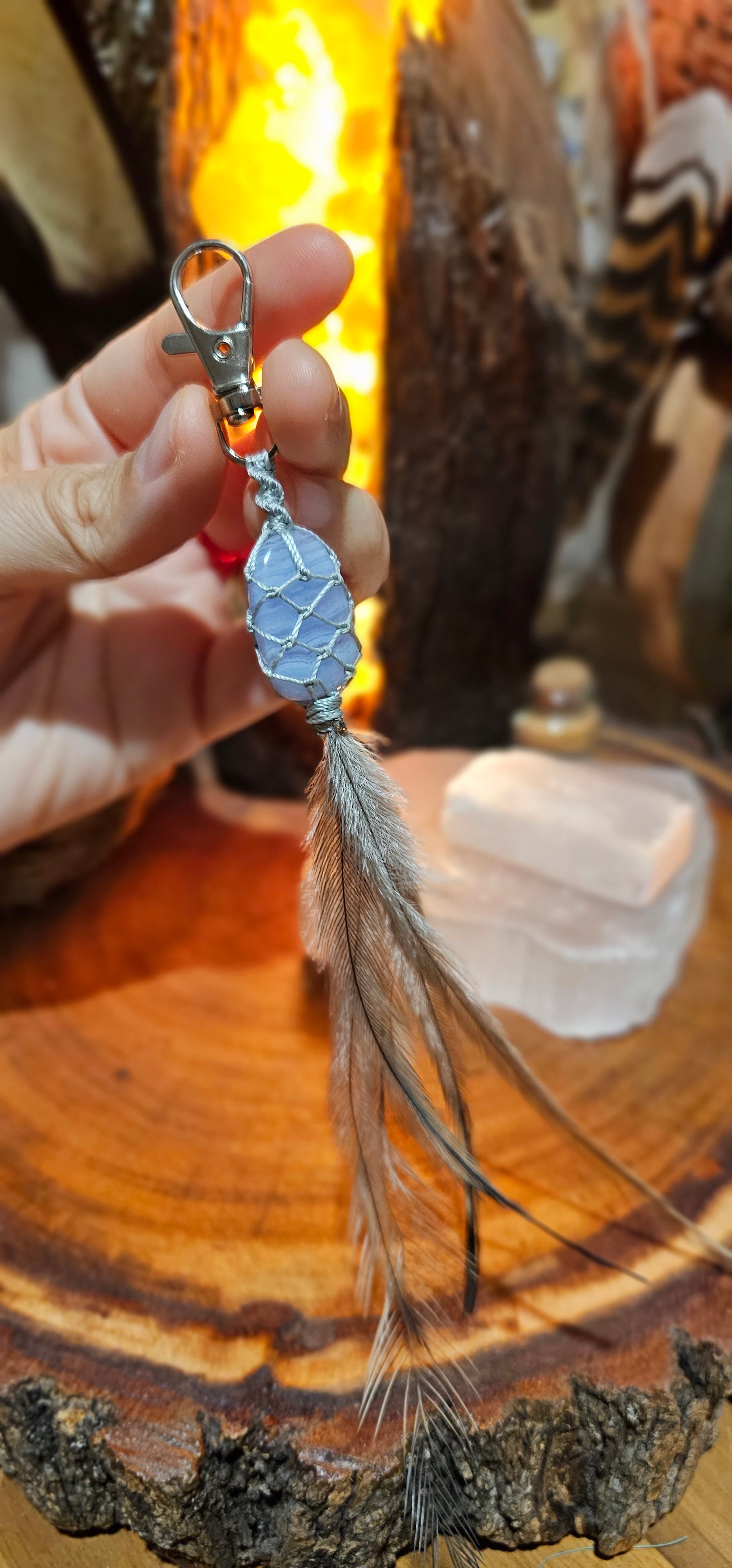 Crystal and Emu Feather Keyring - Blue Lace Agate