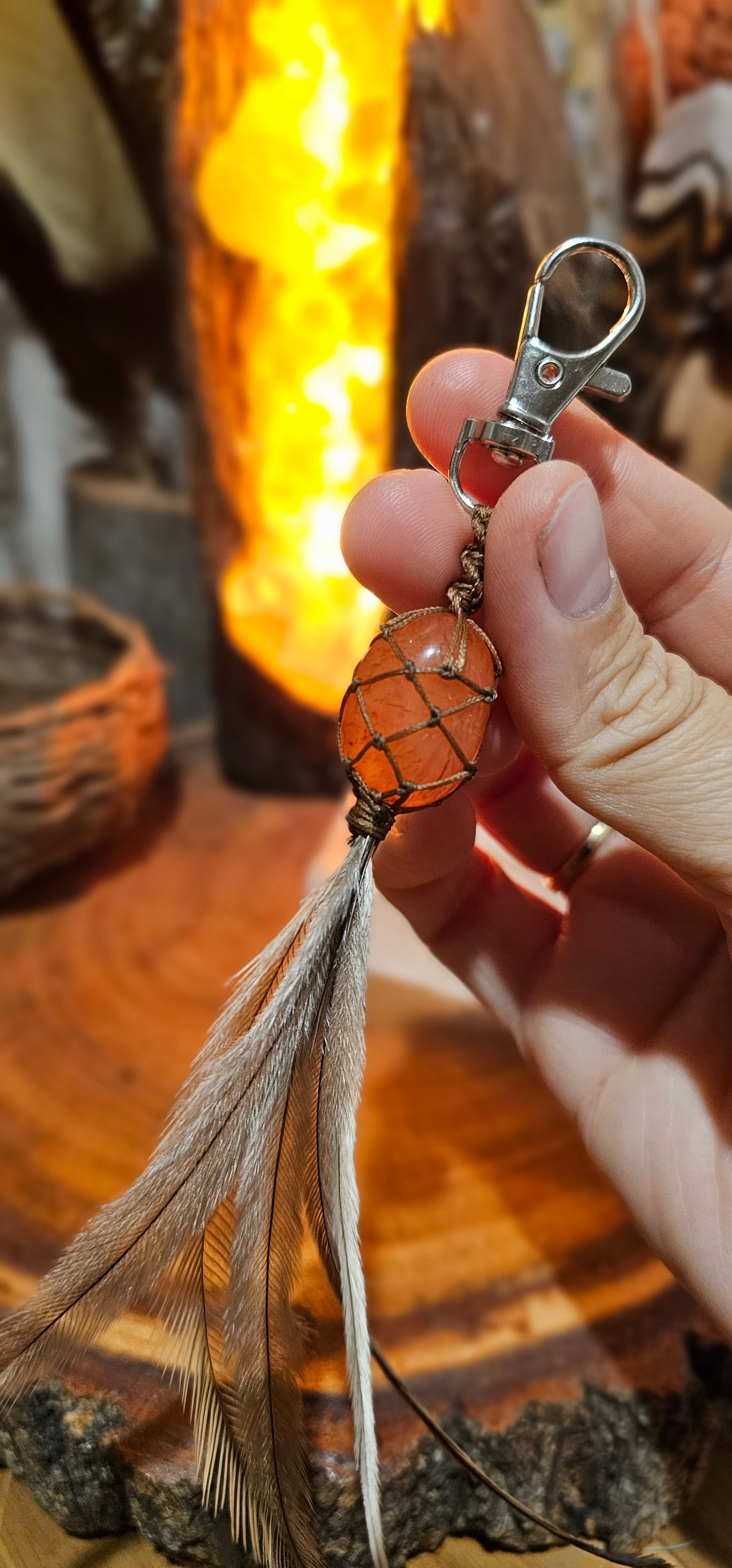 Crystal and Emu Feather Keyring - Carnelian