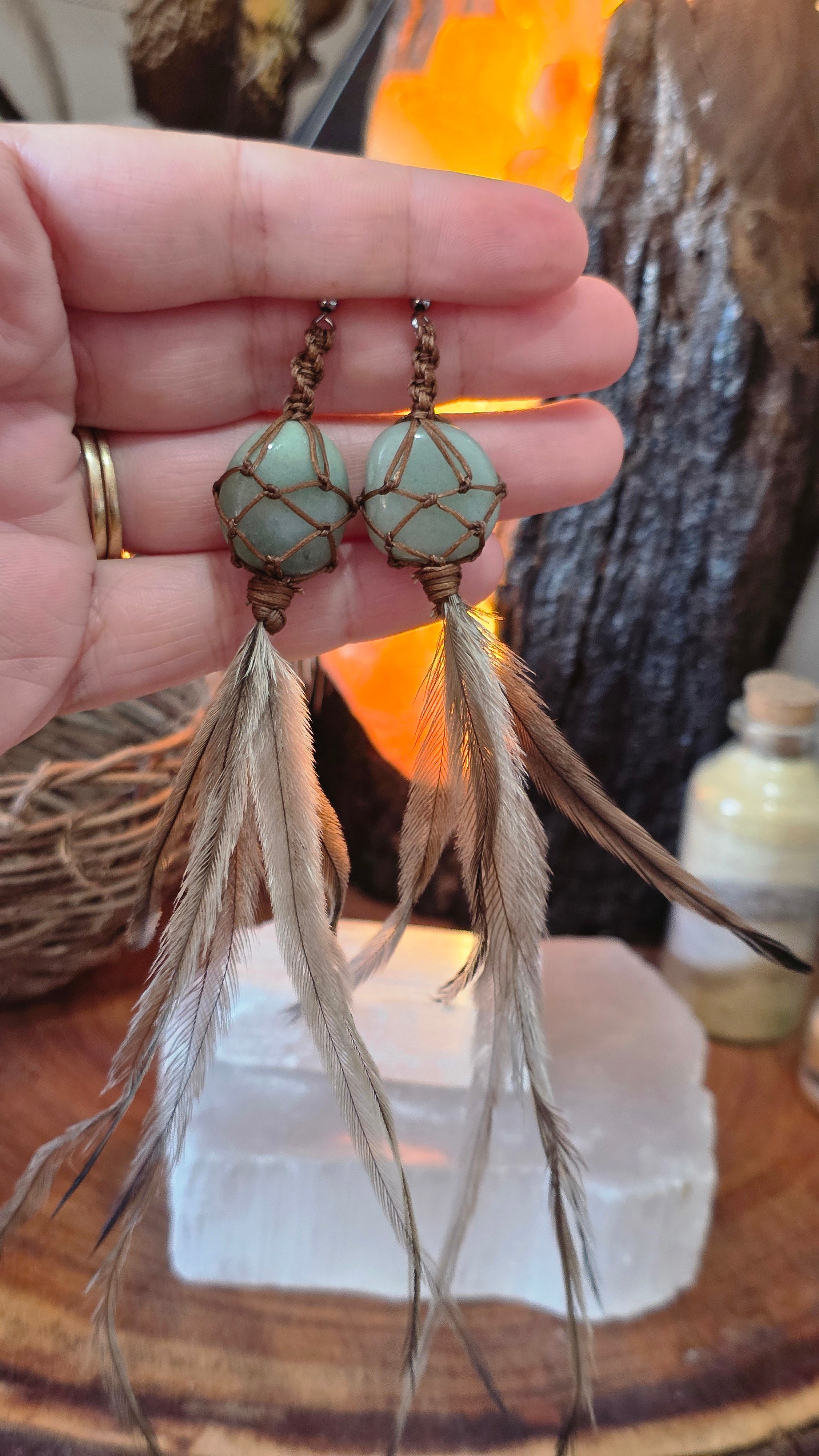 Emu Feather Crystal Earrings - Aventurine