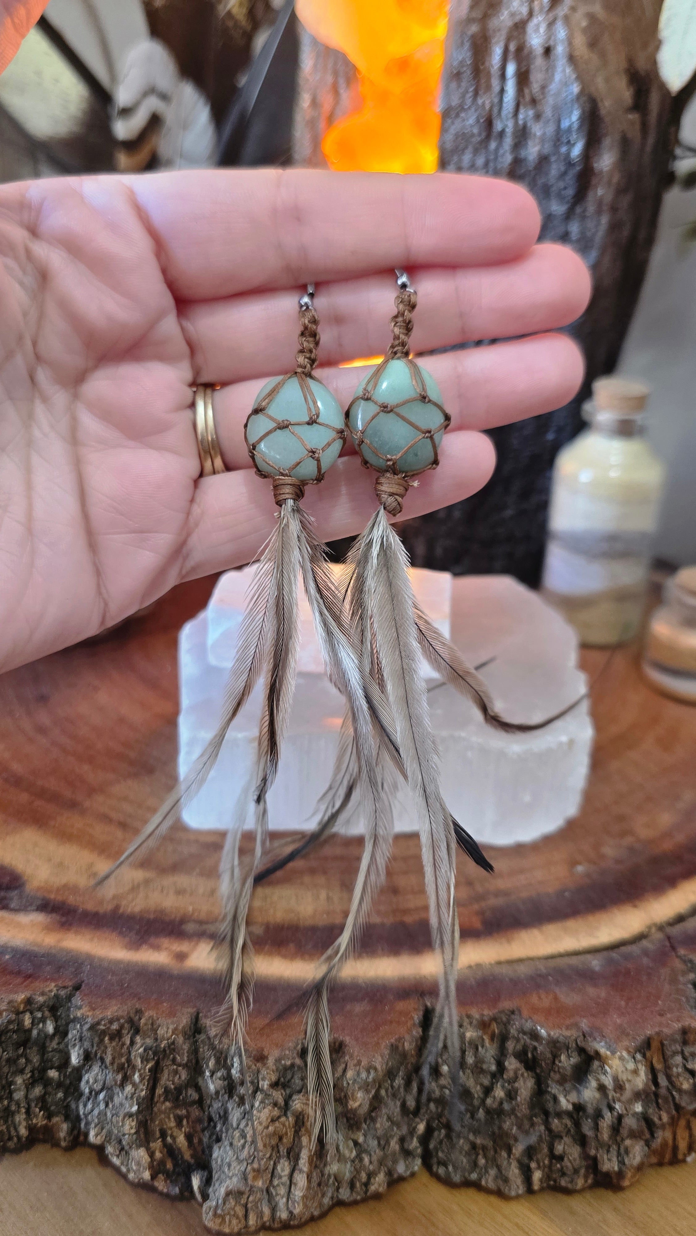 Emu Feather Crystal Earrings - Aventurine