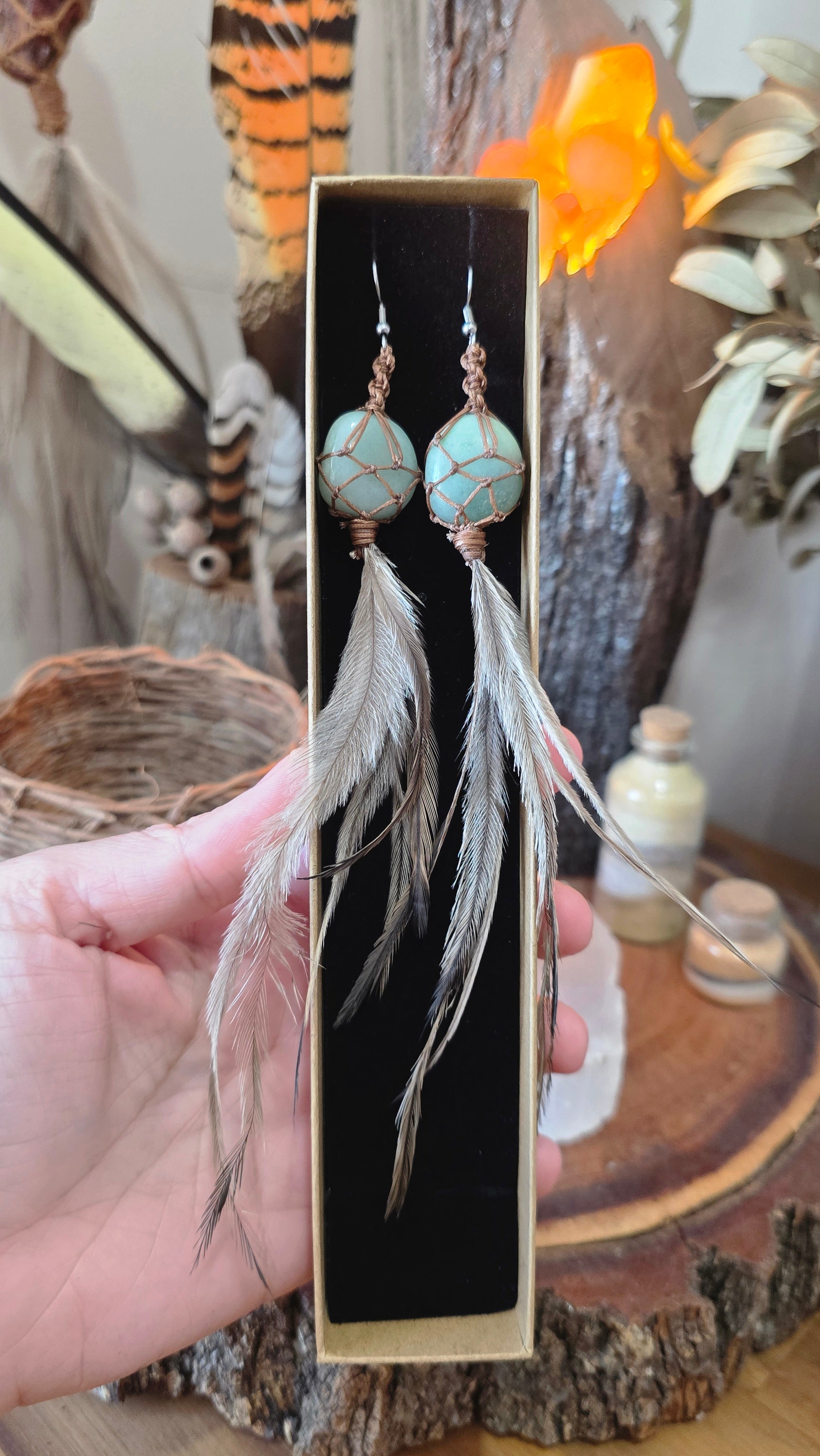 Emu Feather Crystal Earrings - Aventurine