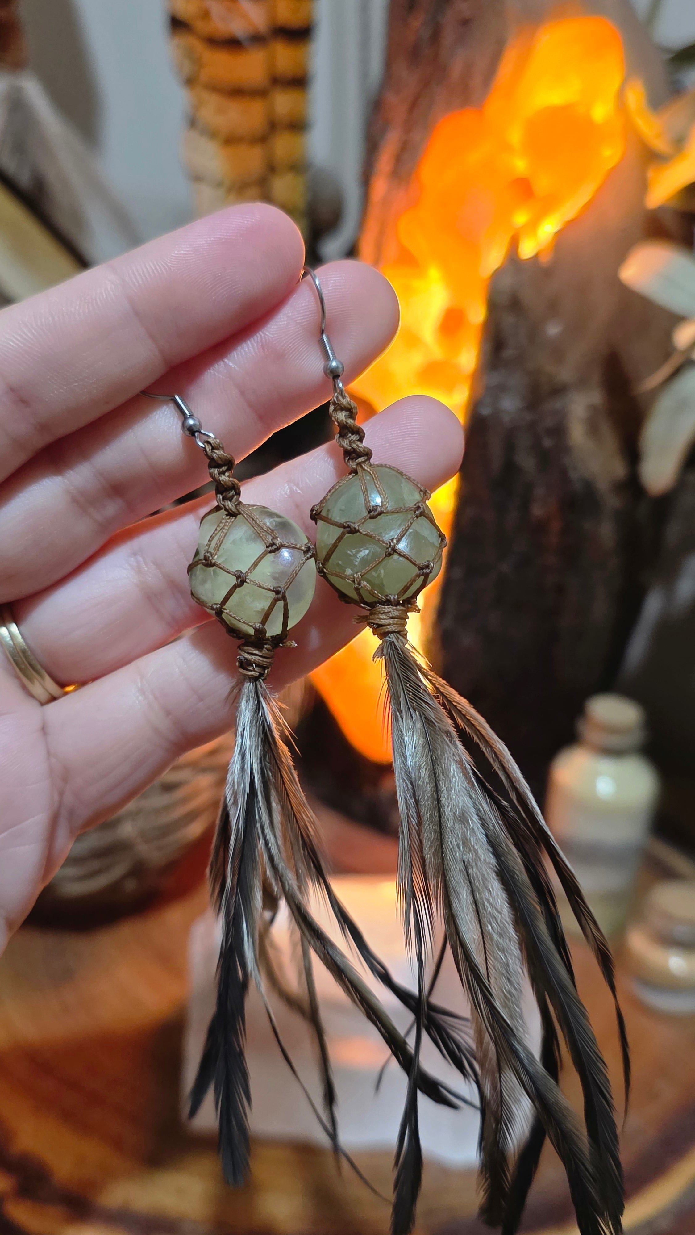 Emu Feather Crystal Earrings - Prehnite