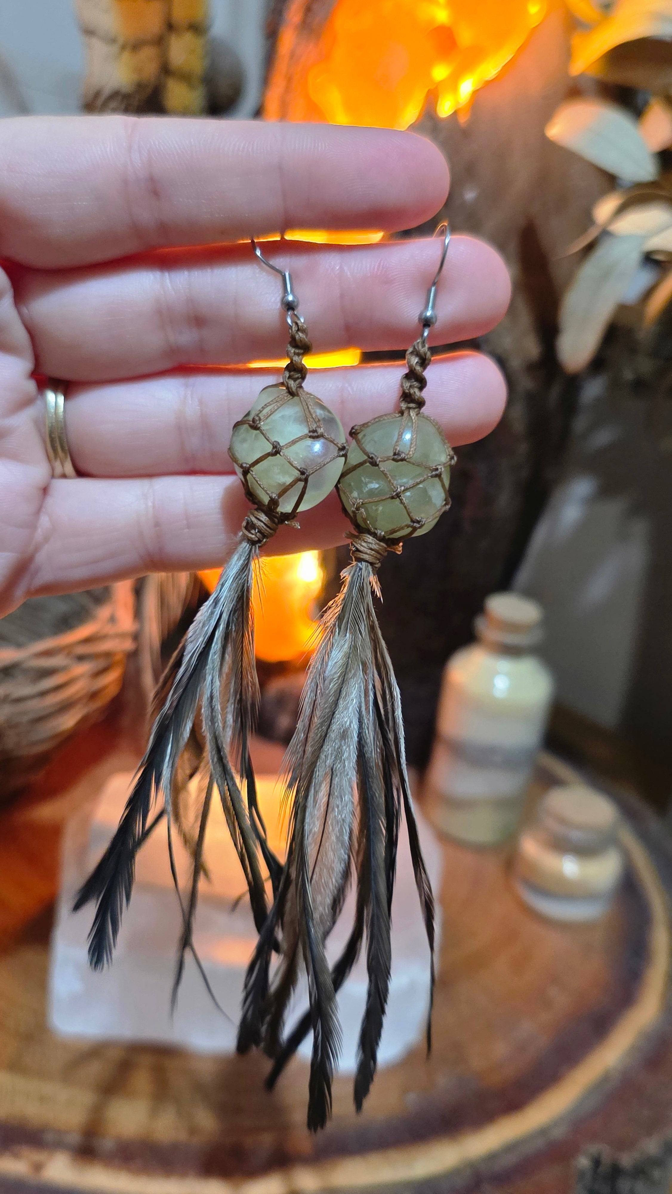 Emu Feather Crystal Earrings - Prehnite