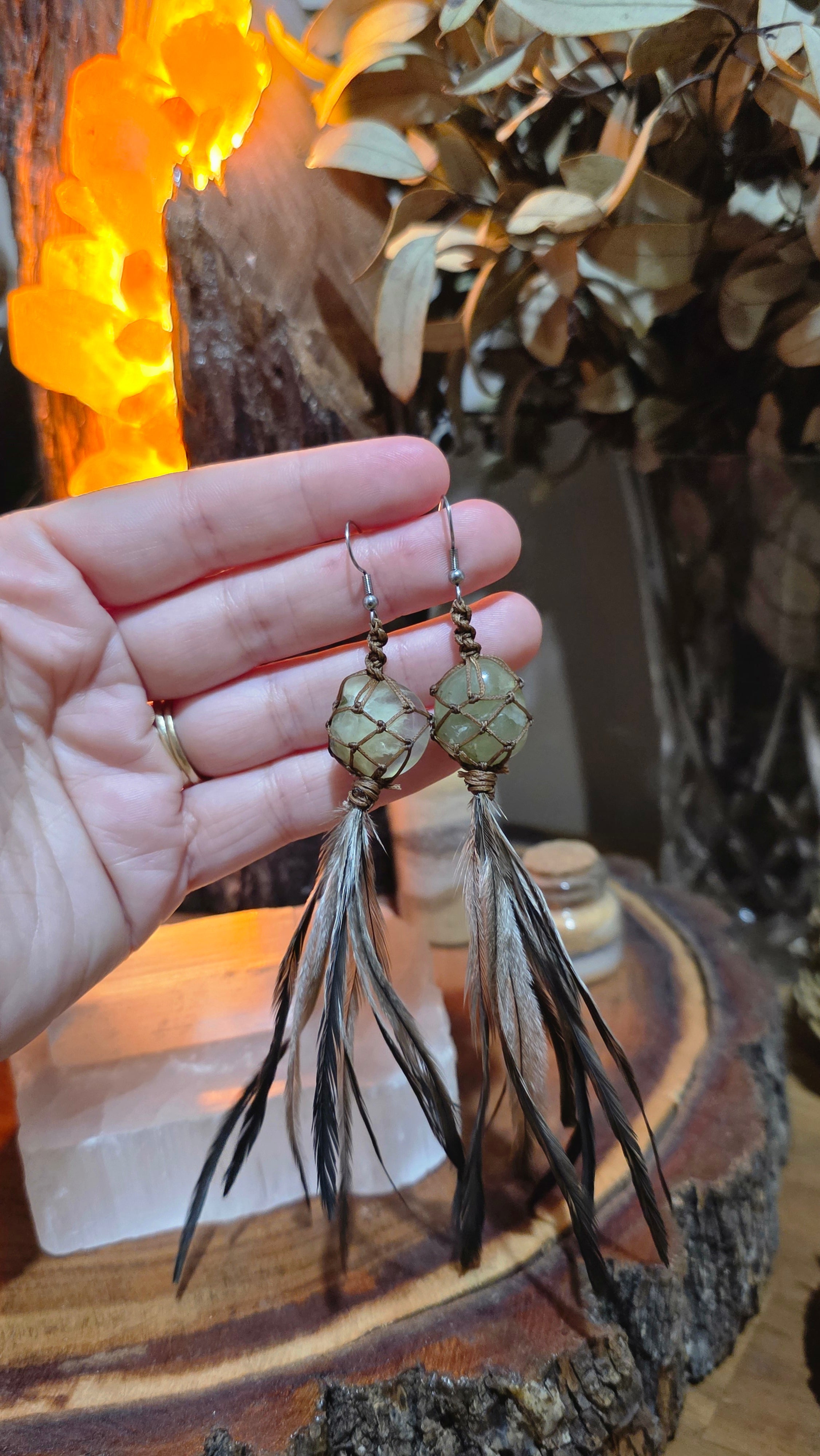 Emu Feather Crystal Earrings - Prehnite