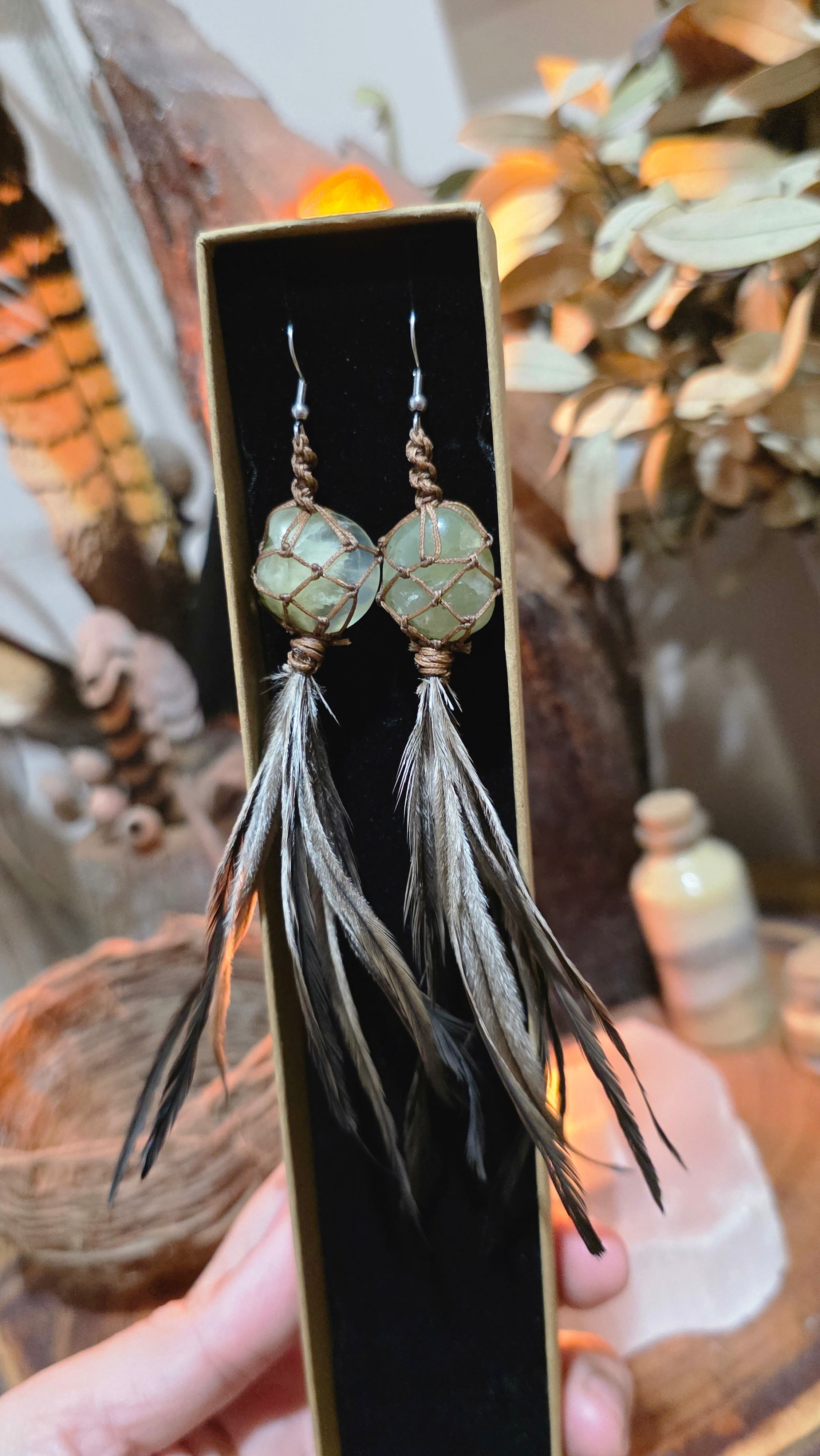 Emu Feather Crystal Earrings - Prehnite