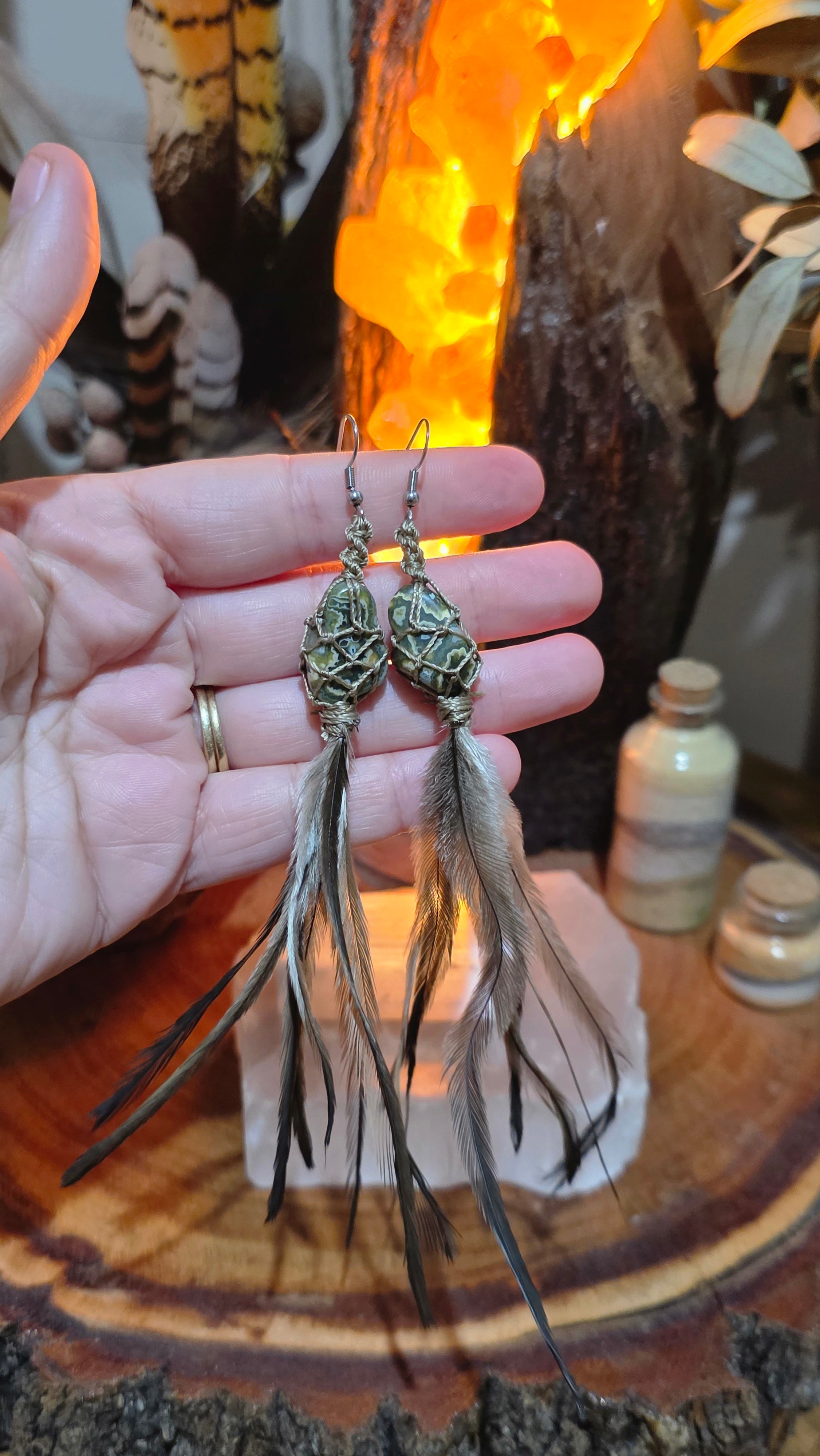 Emu Feather Crystal Earrings - Ocean Jasper