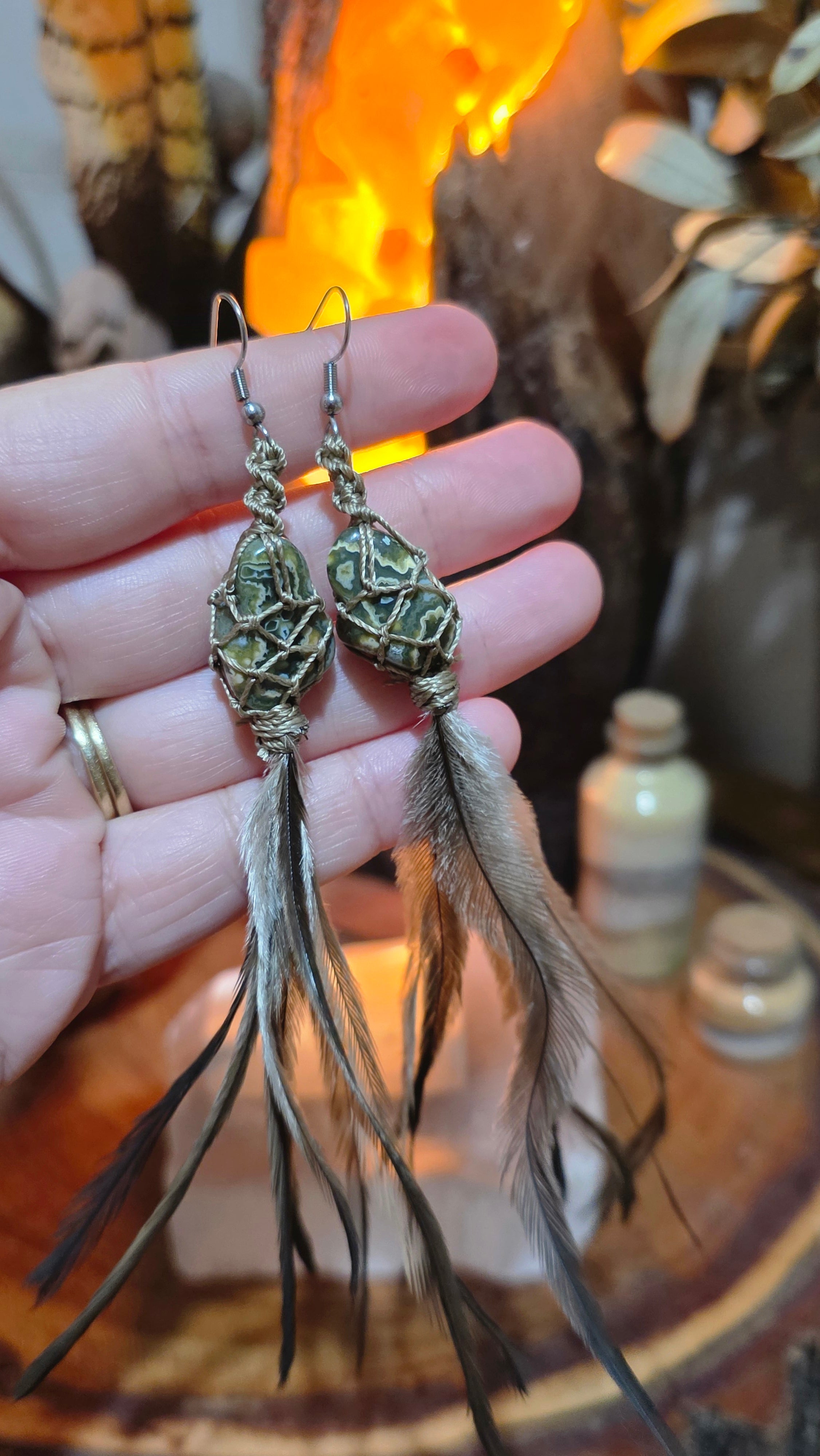 Emu Feather Crystal Earrings - Ocean Jasper