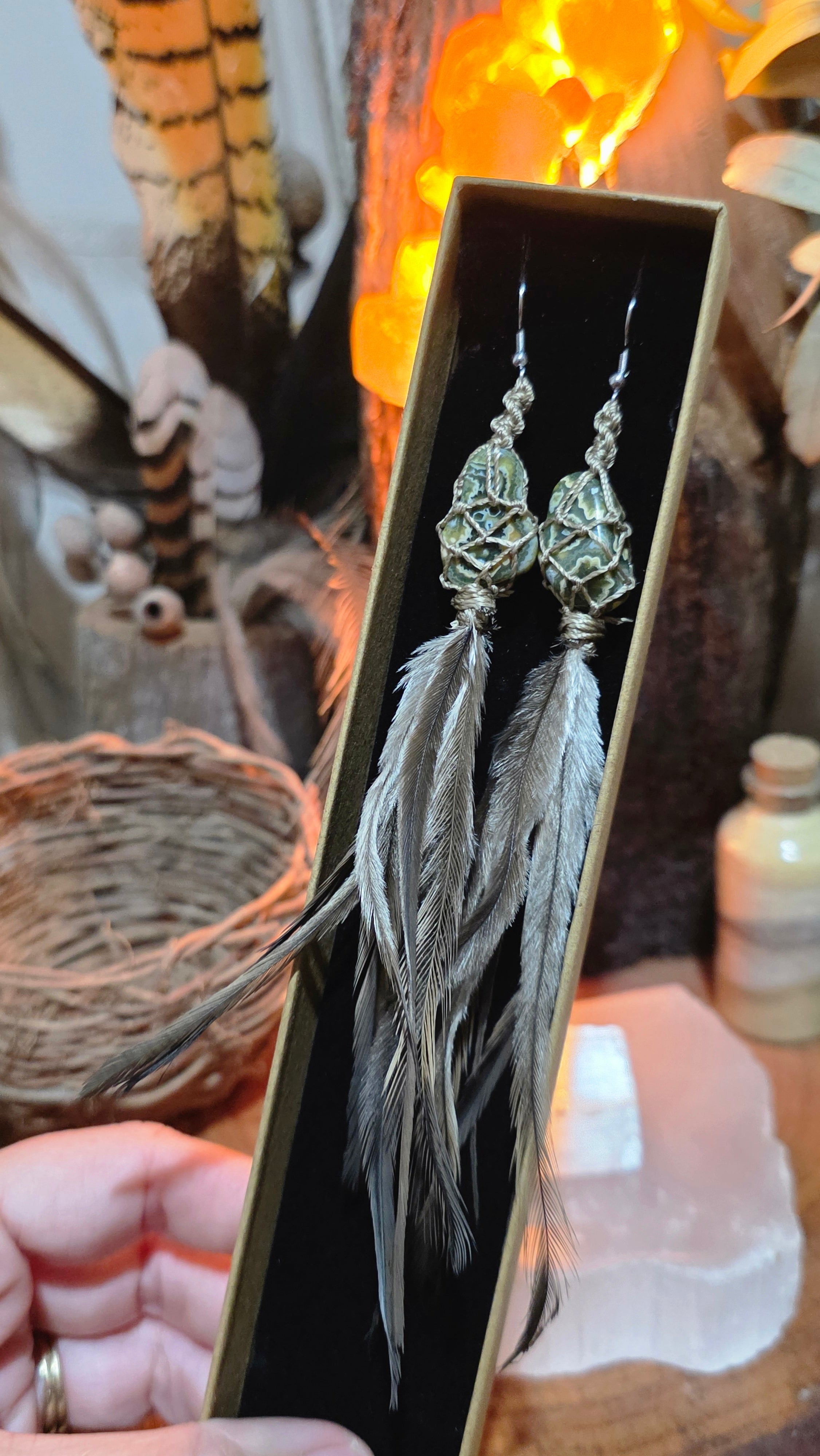 Emu Feather Crystal Earrings - Ocean Jasper