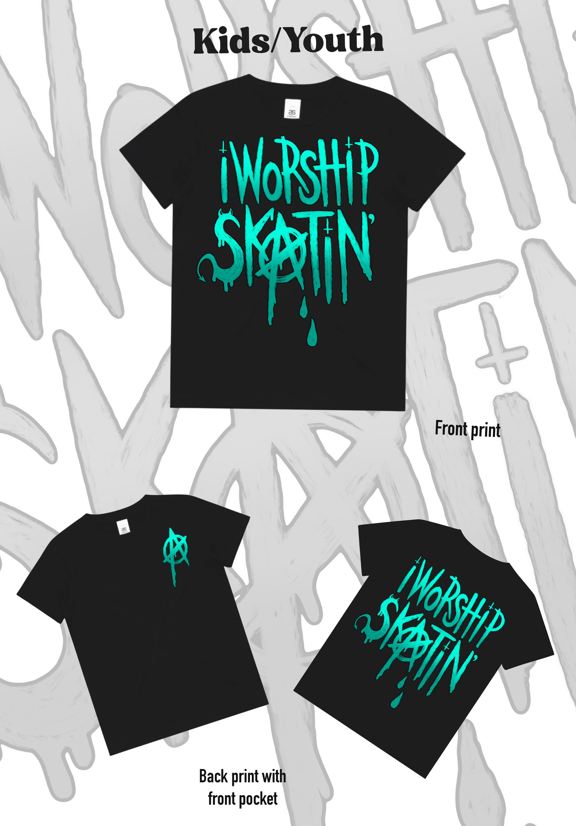 I Worship Skatin Teal Anarchy Tee