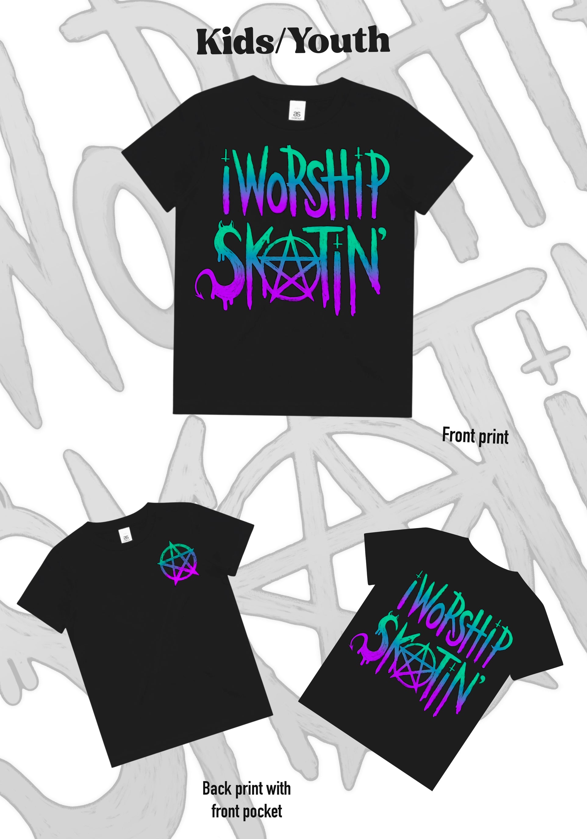 I Worship Skatin Teal/Purple Pentagram Tee
