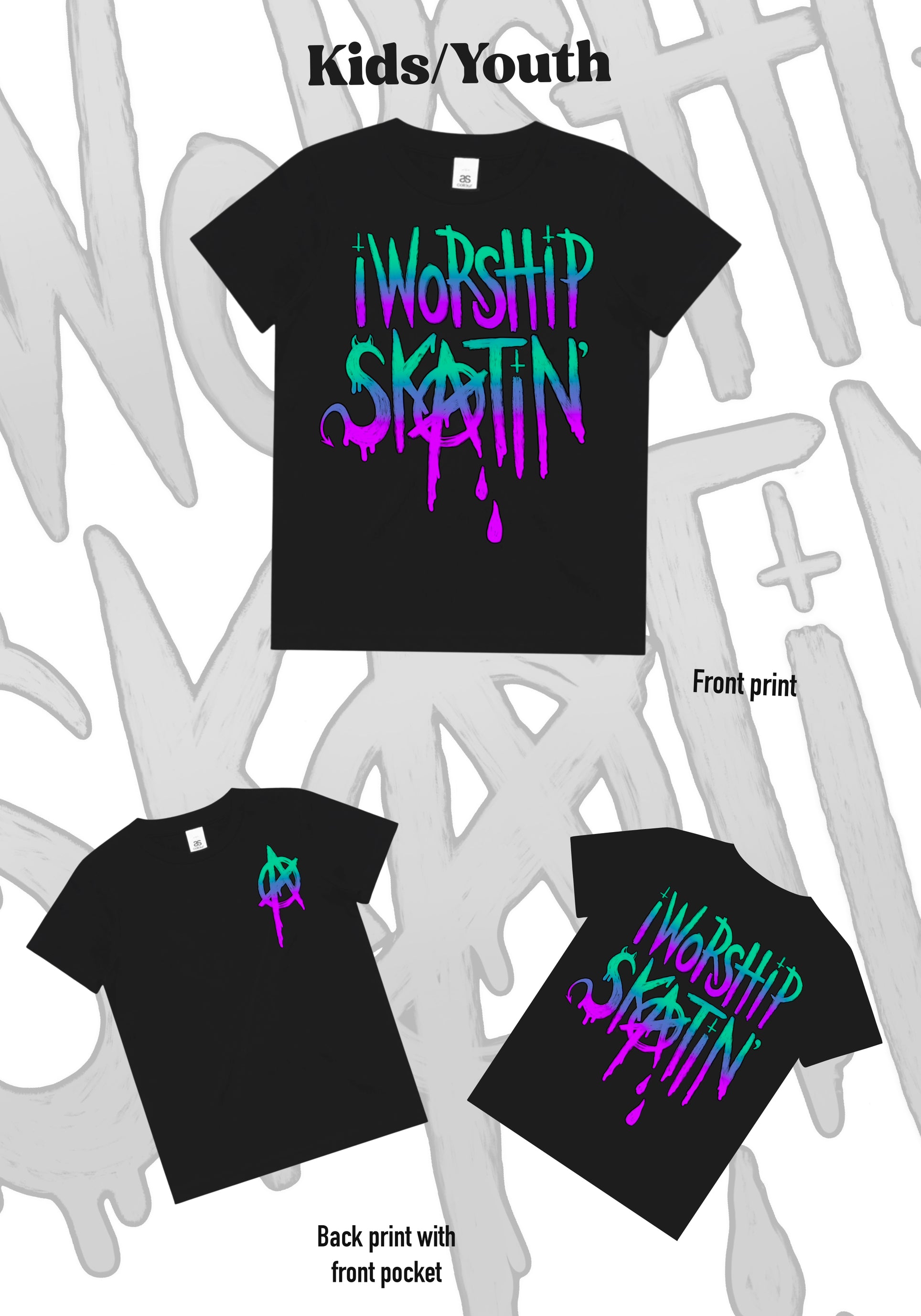I Worship Skatin Teal/Purple Anarchy Tee