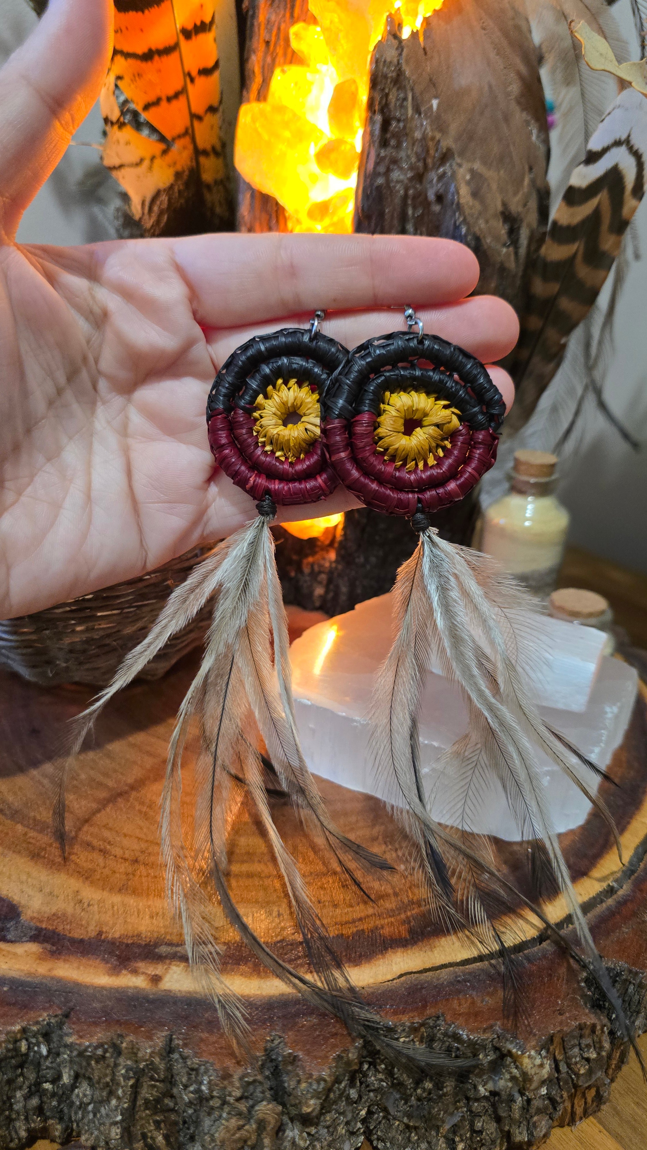 Woven Earrings - Aboriginal Flag and Emu Feathers