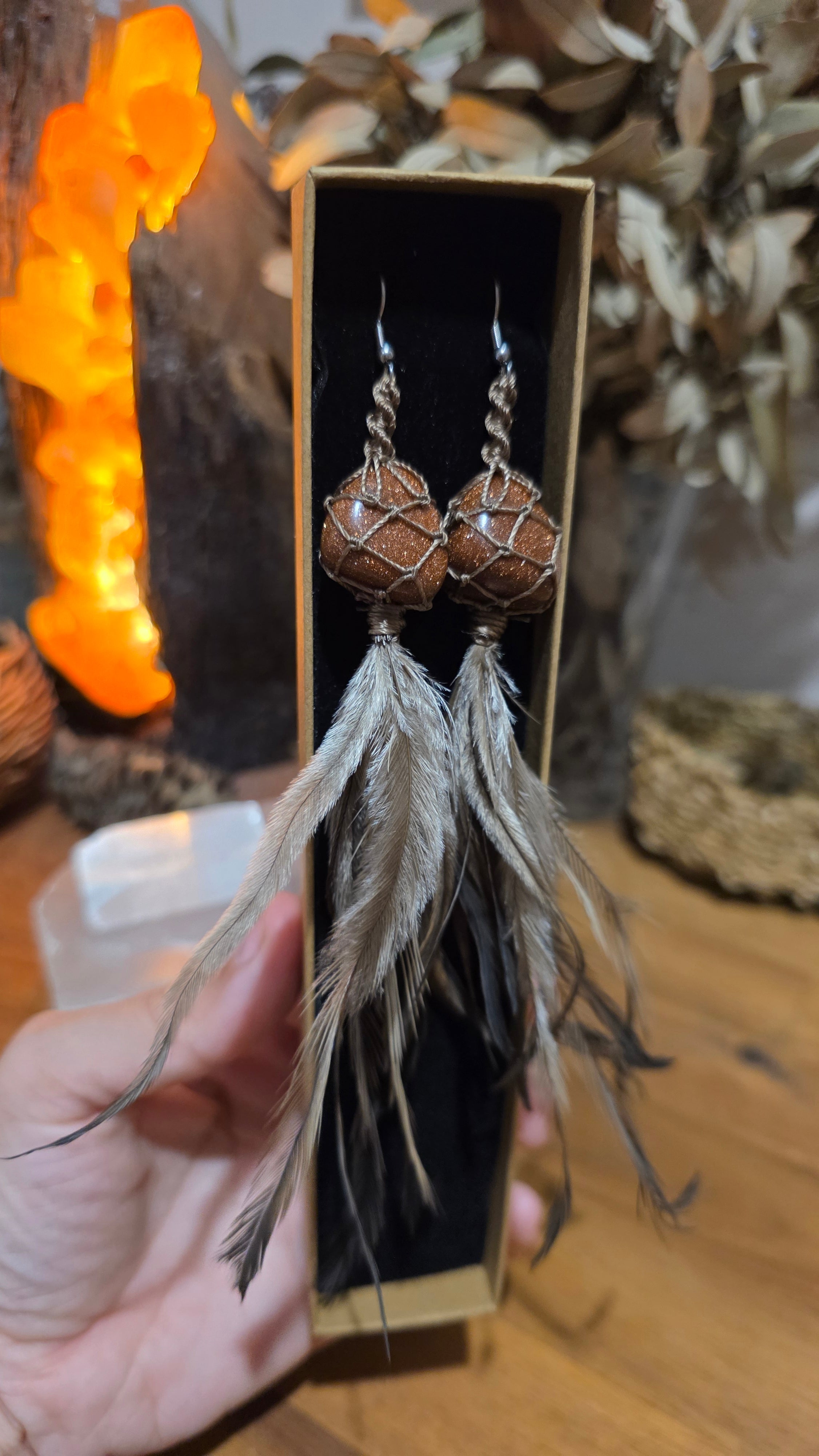 Emu Feather Crystal Earrings - Goldstone