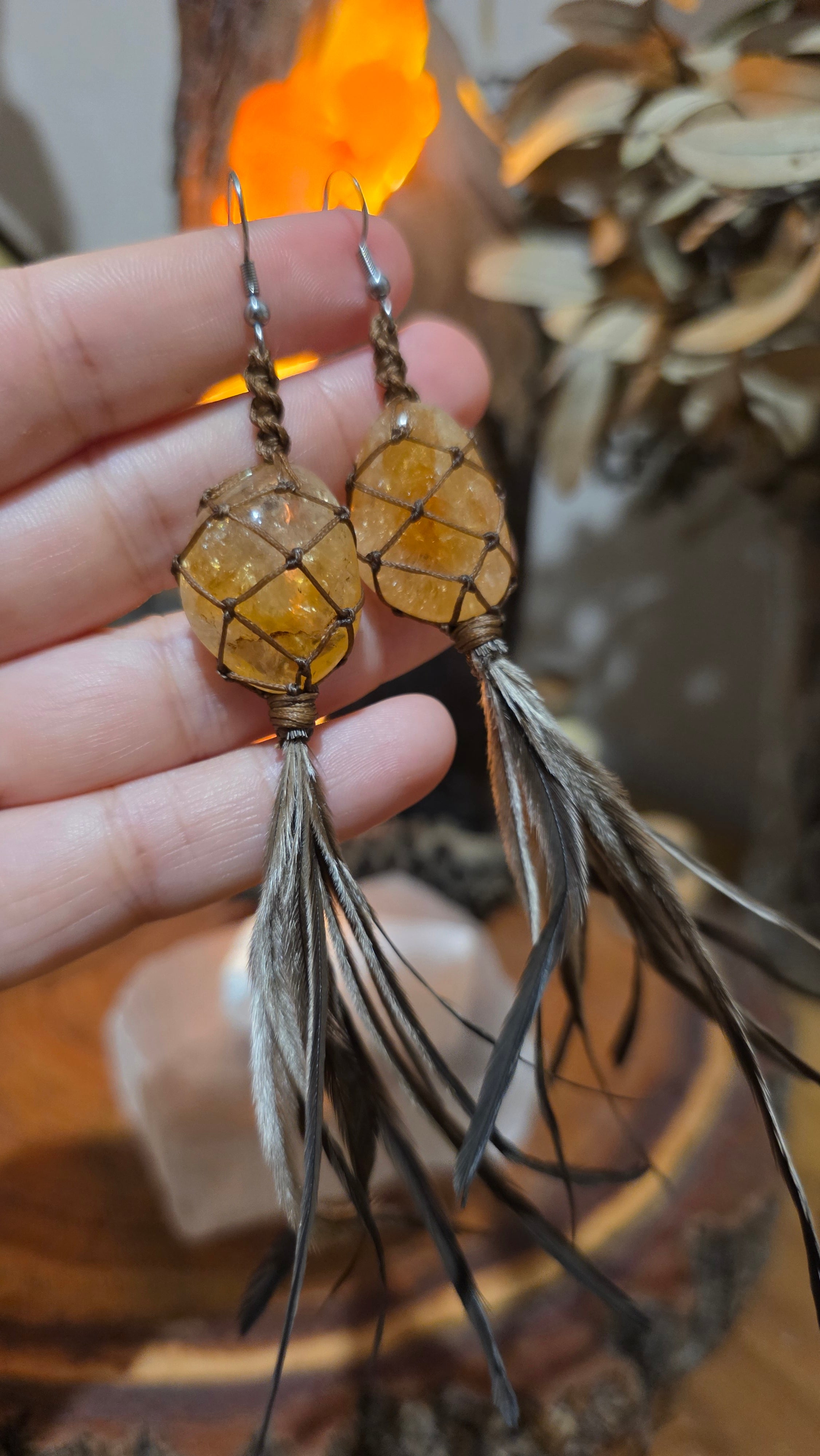 Emu Feather Crystal Earrings - Citrine