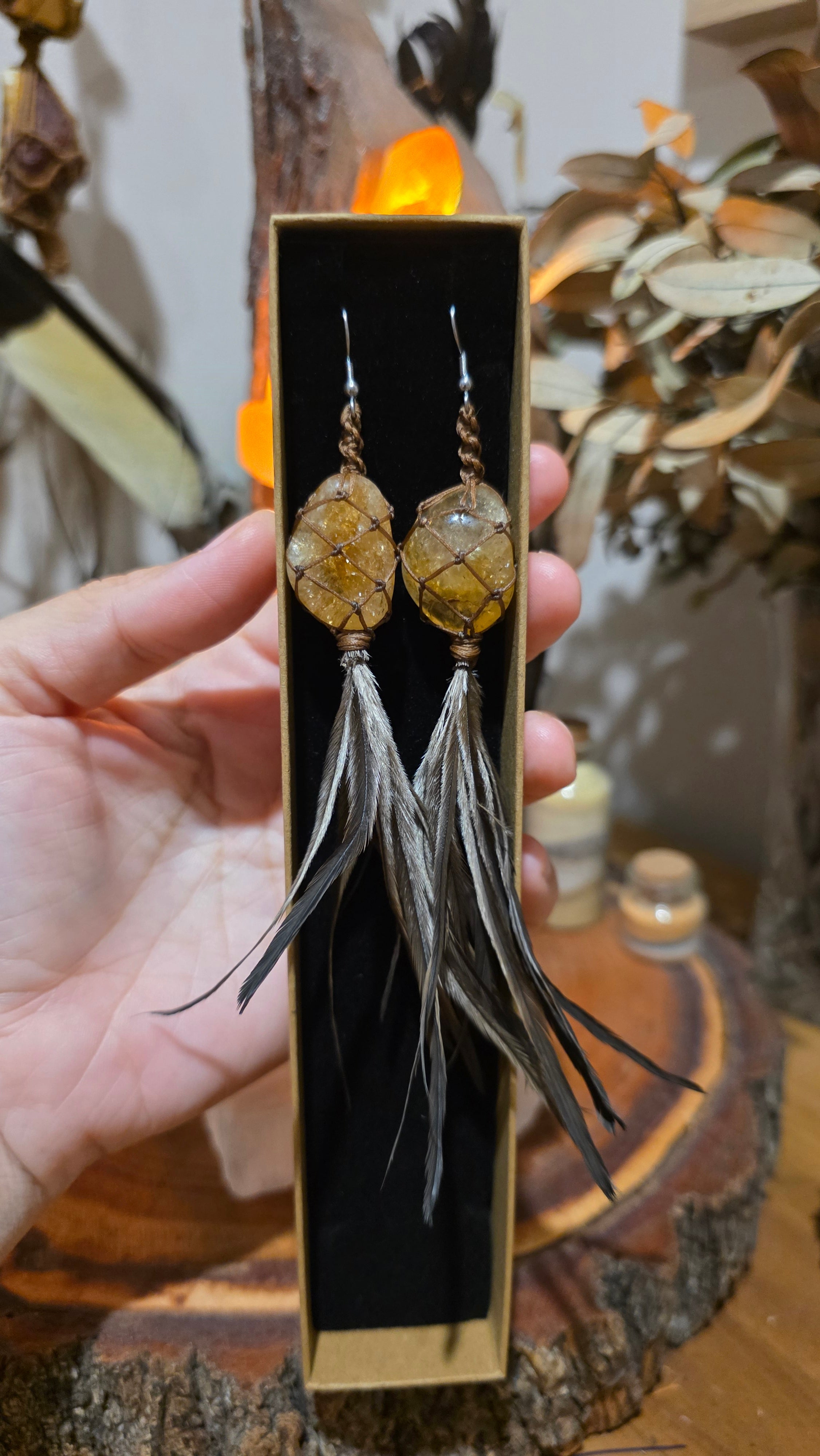 Emu Feather Crystal Earrings - Citrine