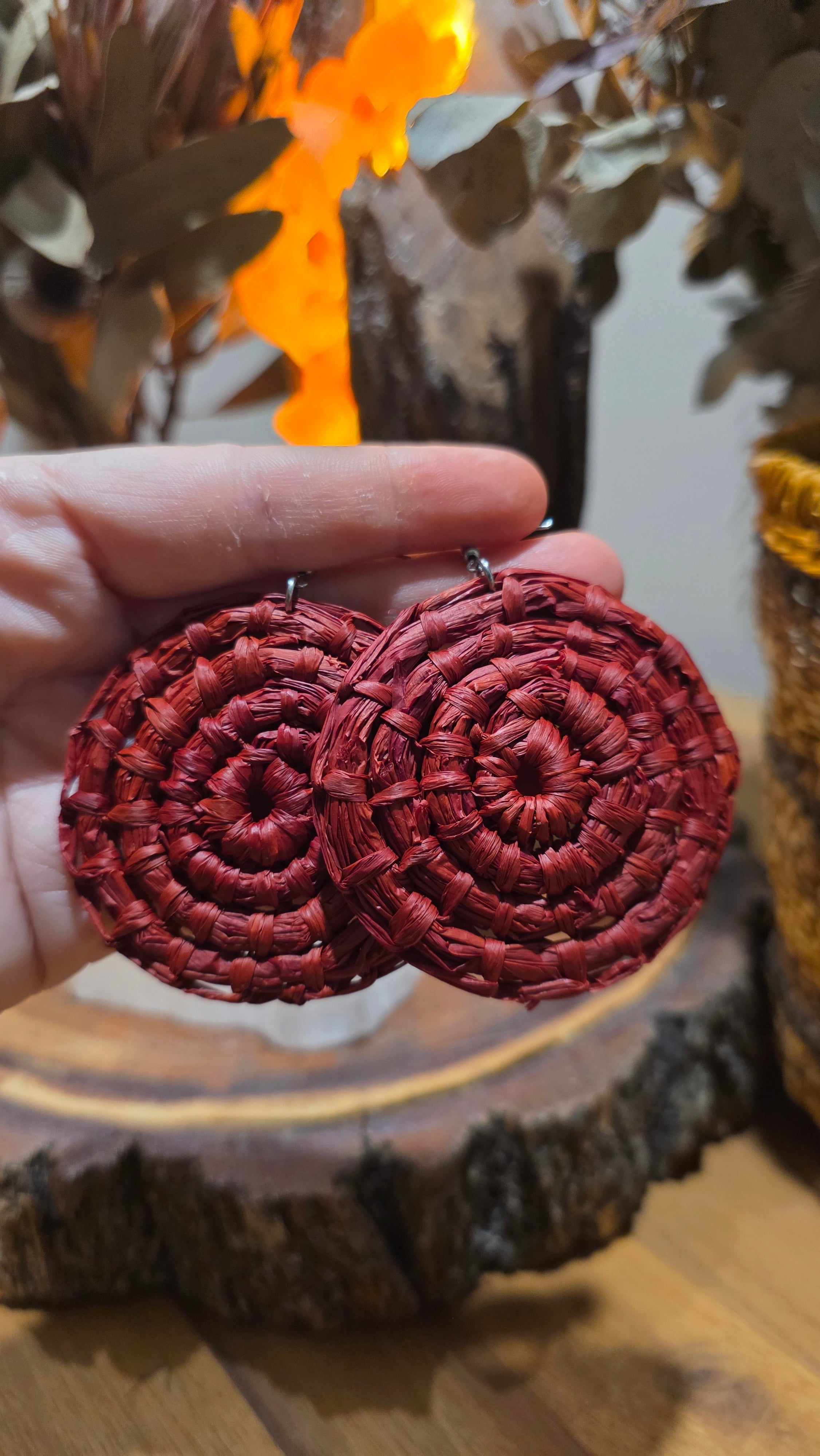 Woven Earrings Large - Rhubarb