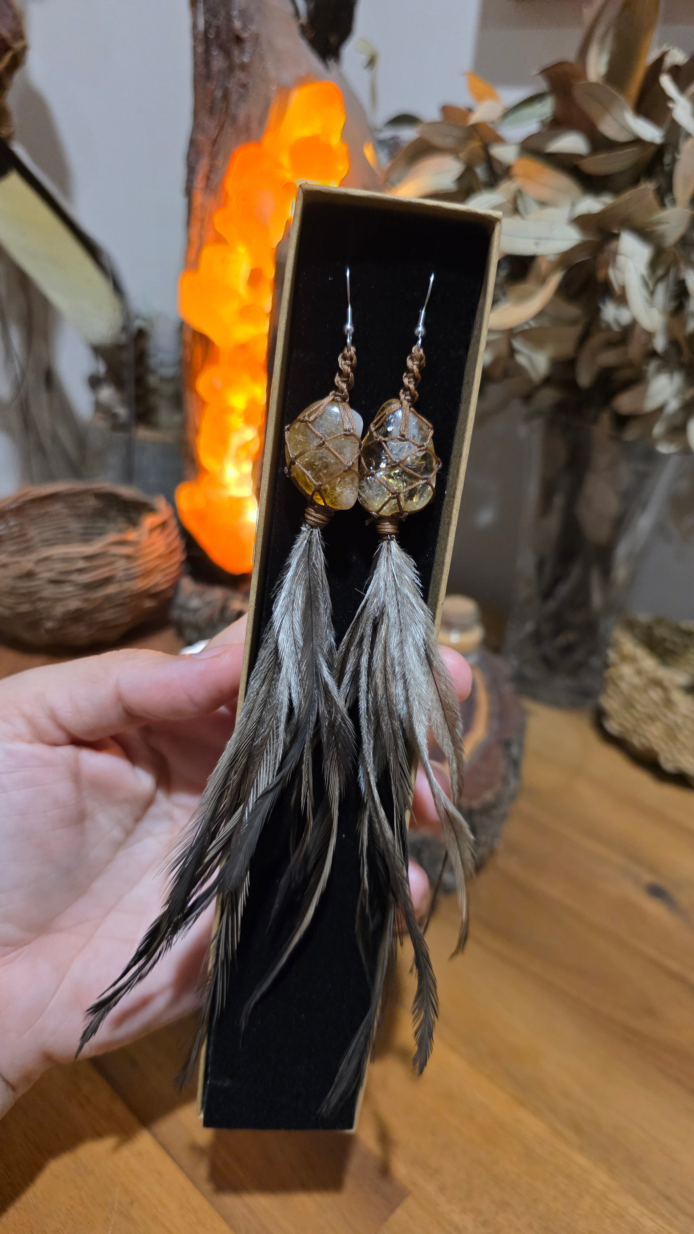 Emu Feather Crystal Earrings - Citrine