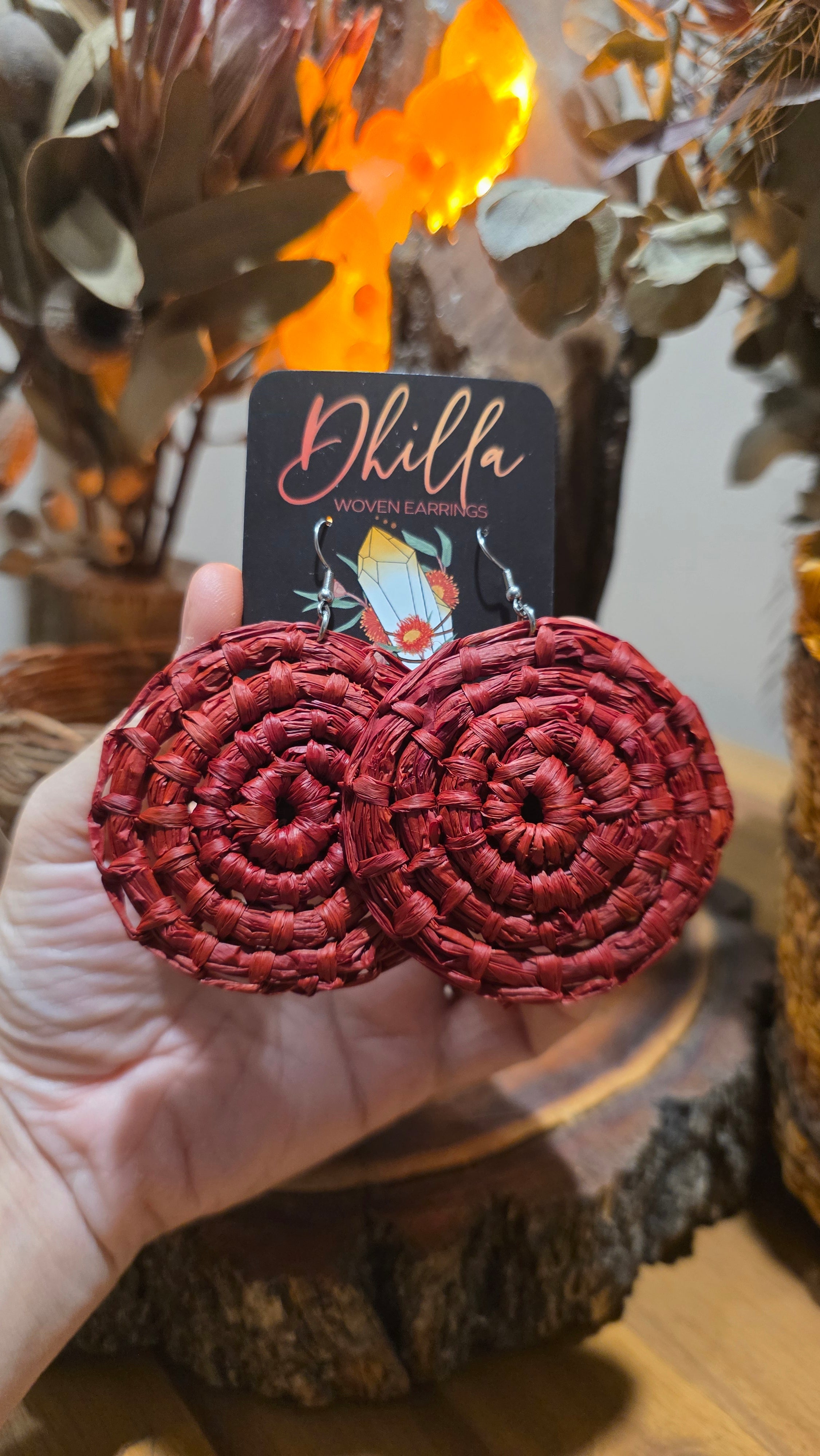 Woven Earrings Large - Rhubarb