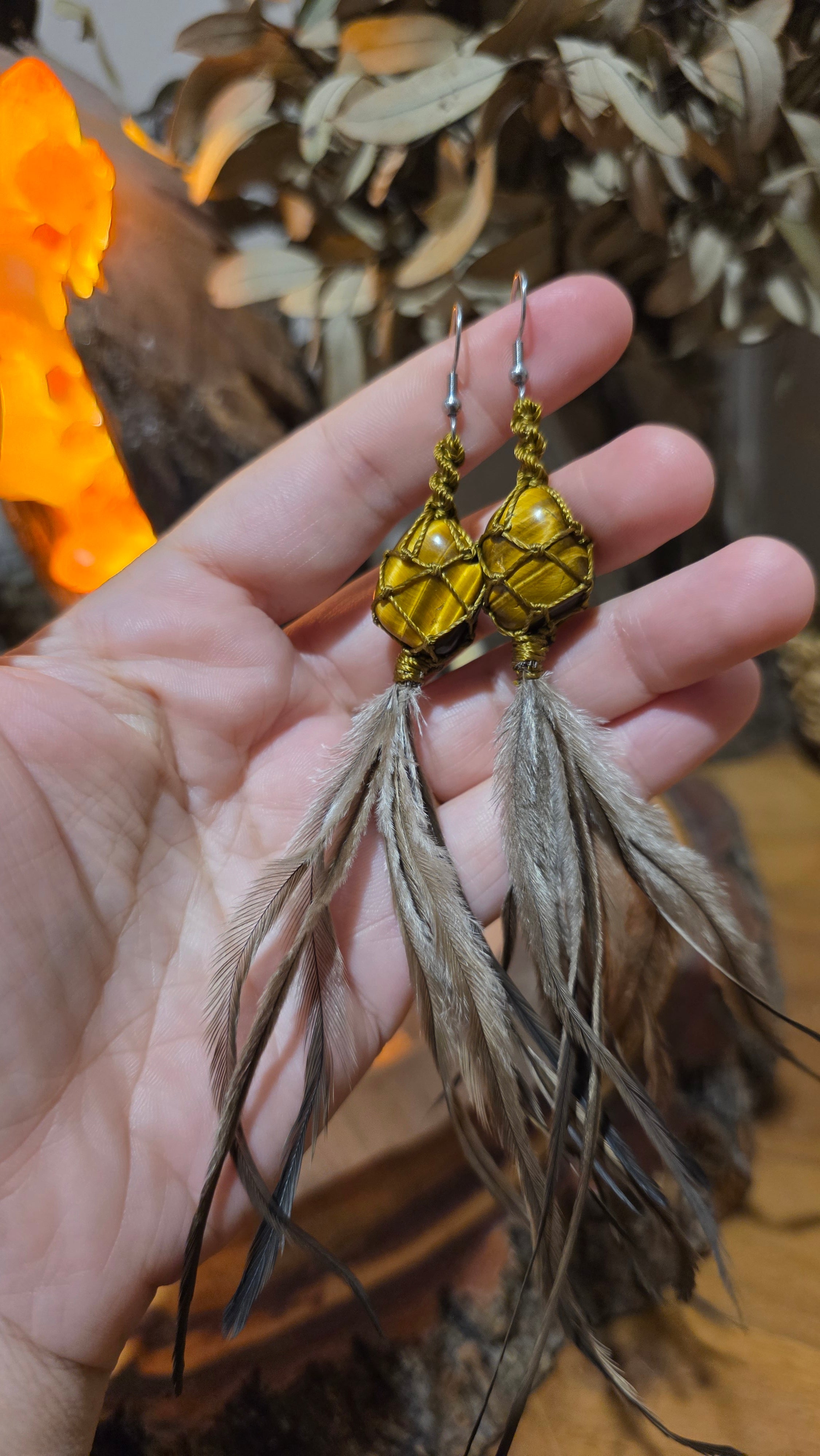Emu Feather Crystal Earrings - Tigers Eye