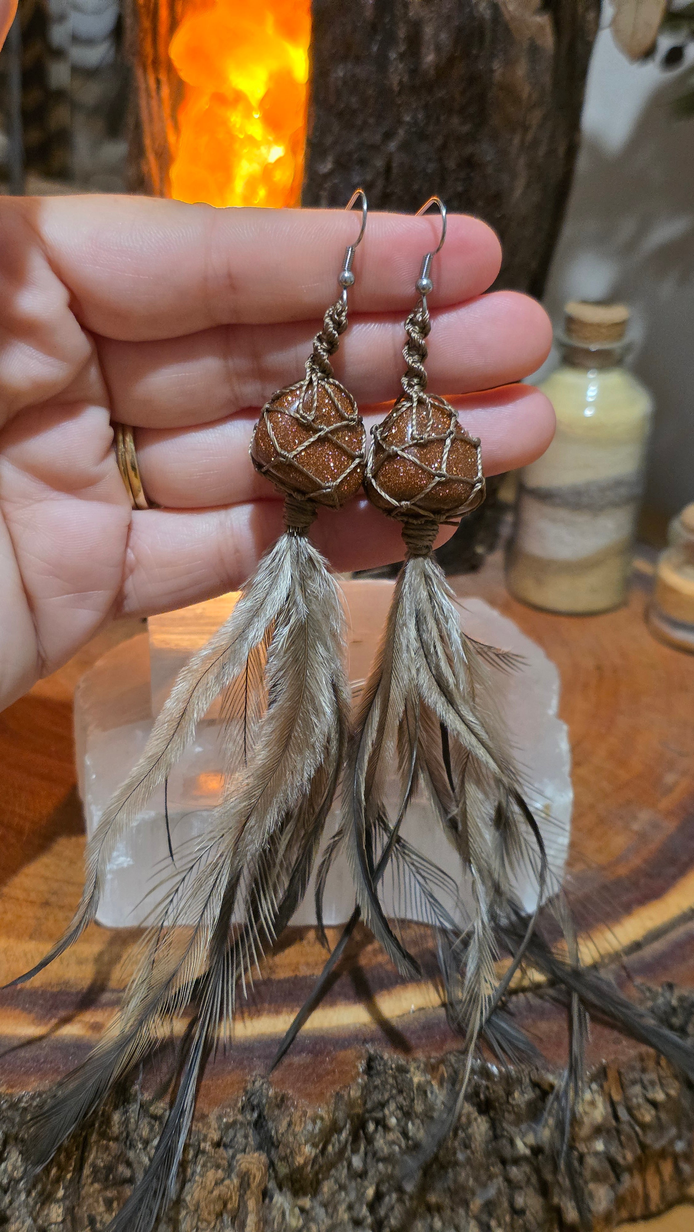 Emu Feather Crystal Earrings - Goldstone