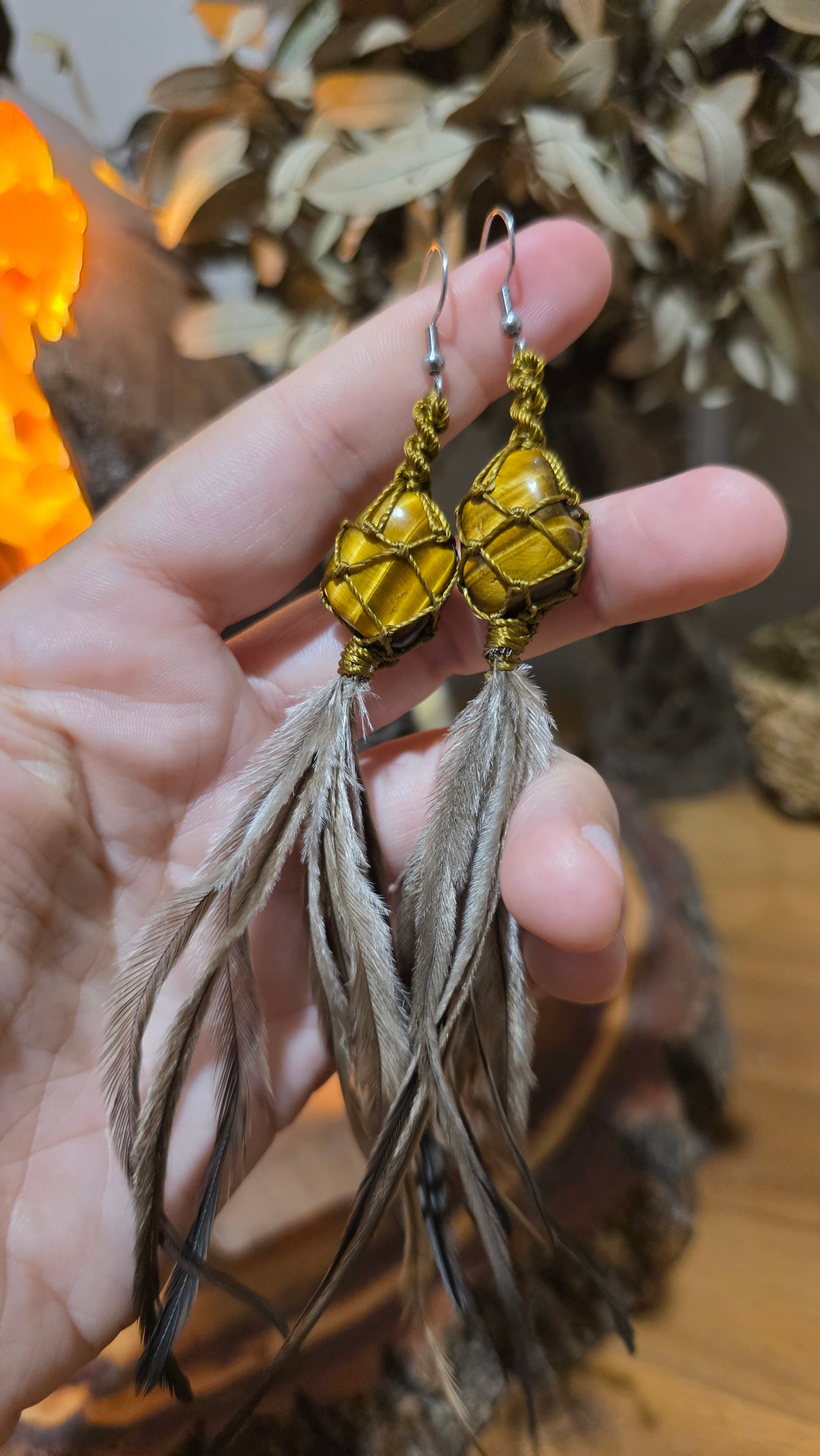 Emu Feather Crystal Earrings - Tigers Eye