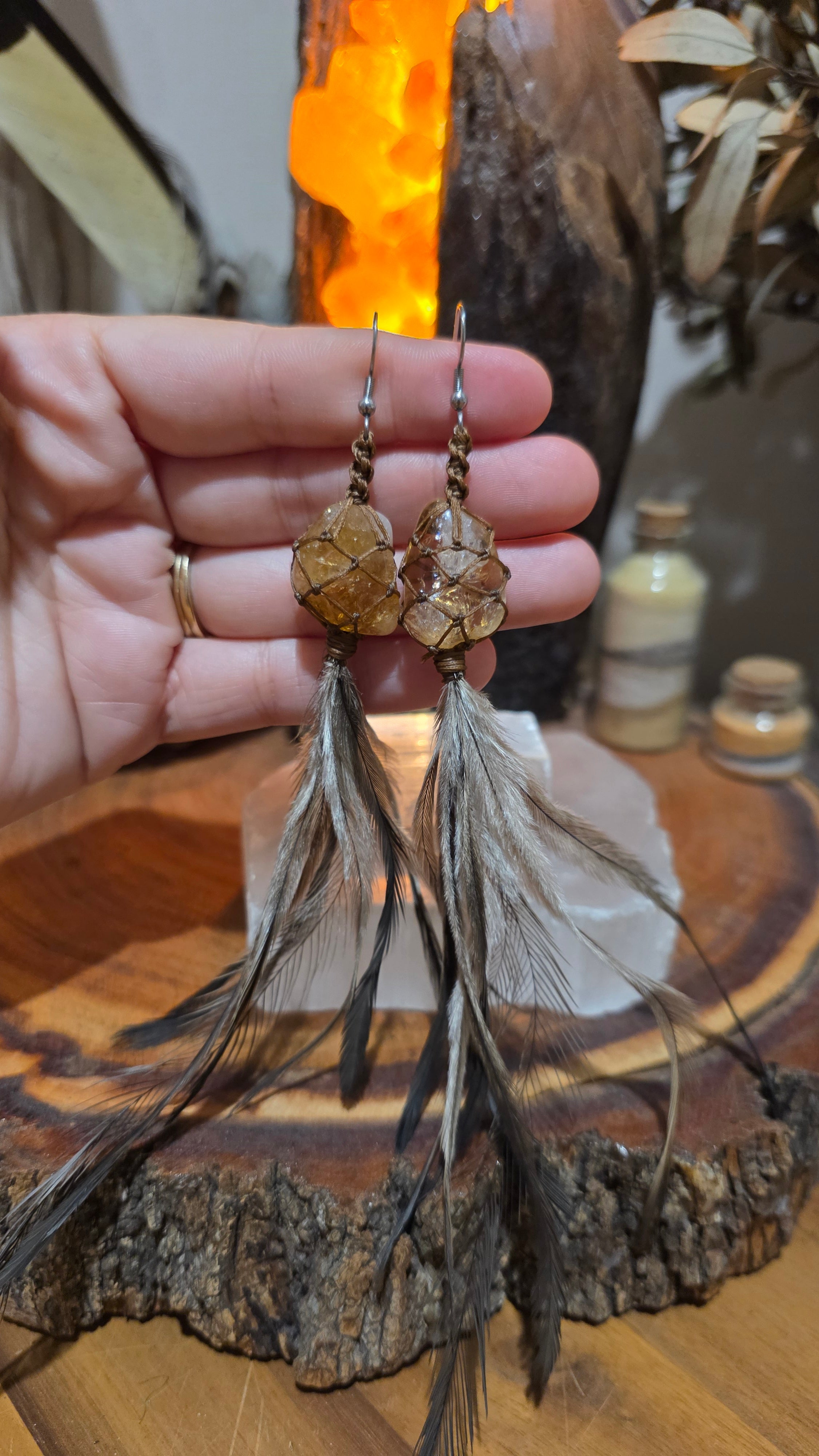 Emu Feather Crystal Earrings - Citrine